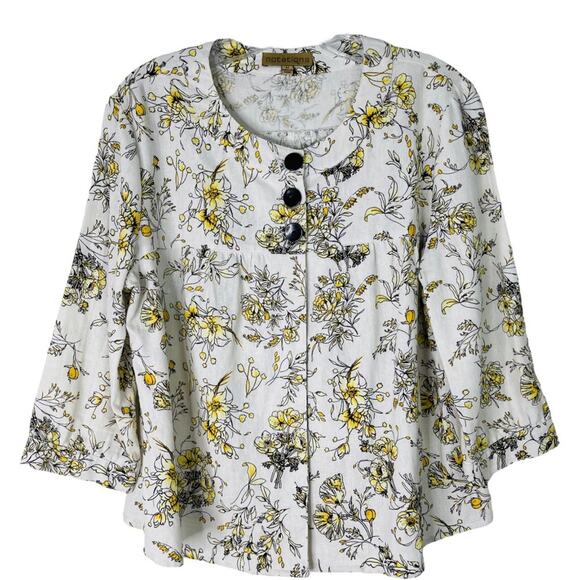 Vintage white yellow black linen floral cottagecore button top jacket medium - Picture 1 of 8